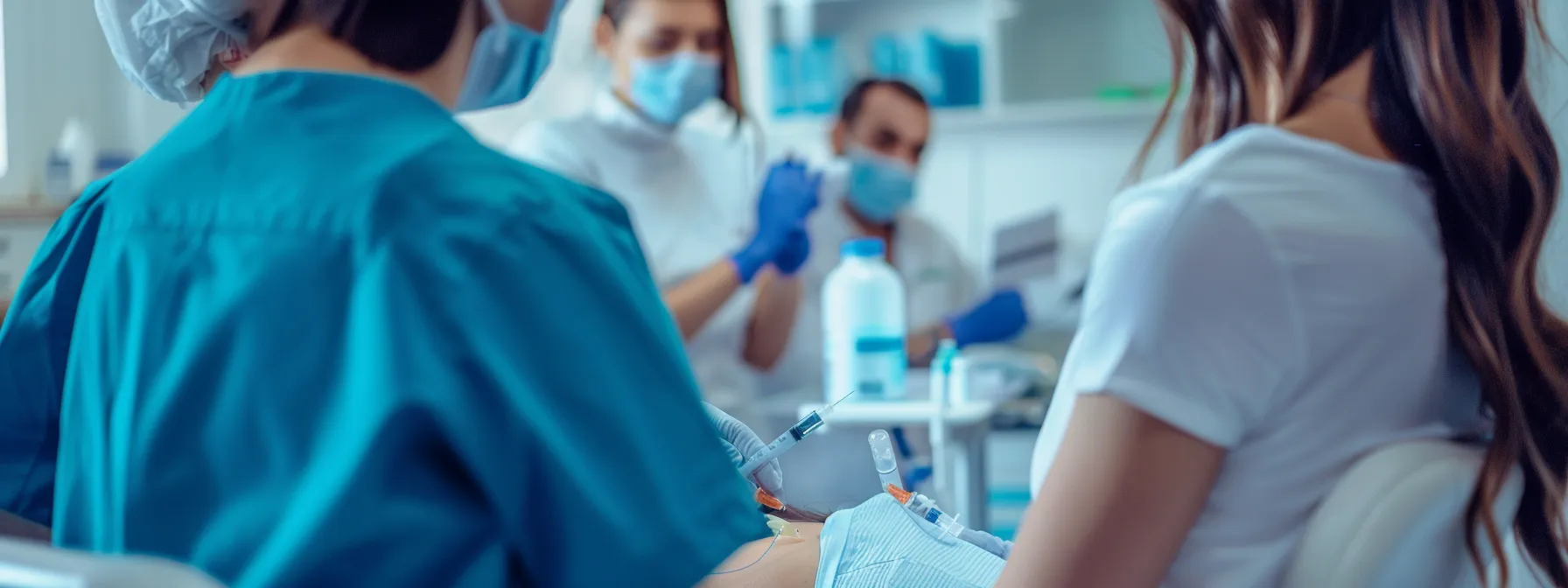 a person receiving hormone injections as part of the hcg diet, surrounded by medical professionals in a clinic setting.