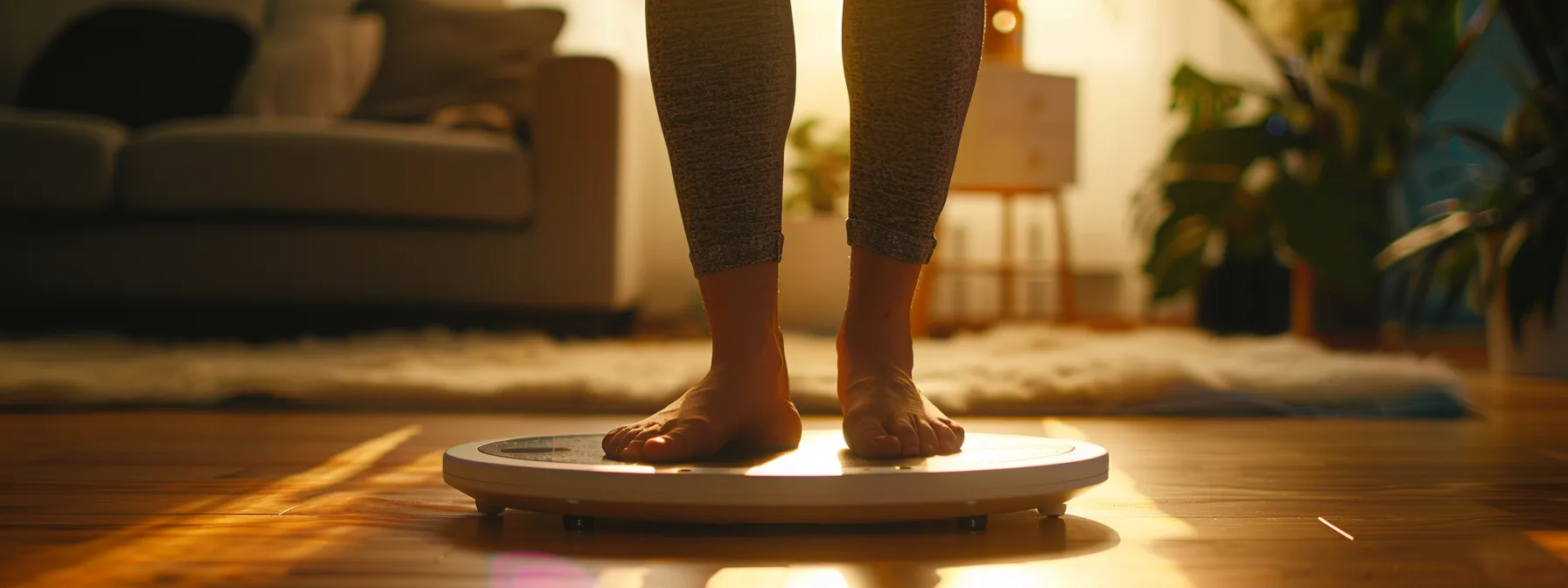 a patient happily stepping on a scale to reveal significant weight loss progress with a smile on their face.