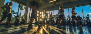 a group of people exercising at a gym in orange county, california, with a focus on weight loss.