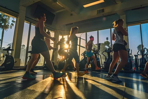 a group of people exercising at a gym in orange county, california, with a focus on weight loss.