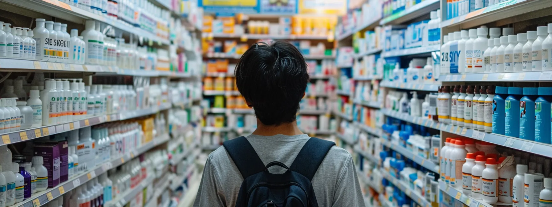 a person standing in a pharmacy aisle, comparing prices on bottles labeled ozempic, mounjaro, and hcg.