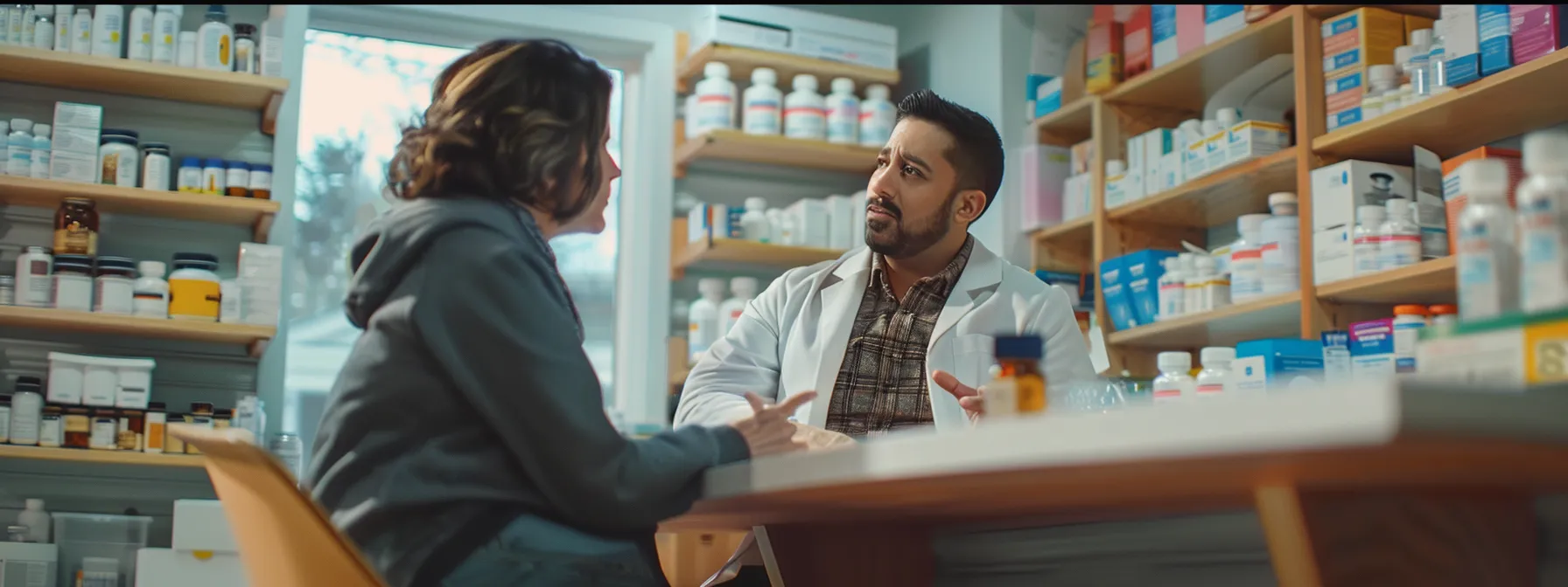 a doctor discussing medication options with a patient in a medical office.