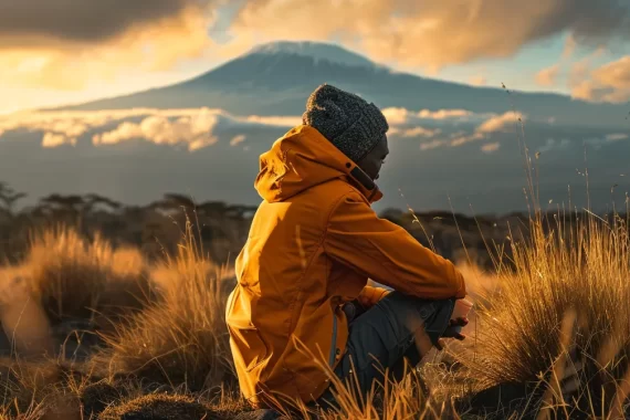 a person in orange county, ca preparing to take a dose of ozempic while overlooking the majestic mt. kilimanjaro in the background.