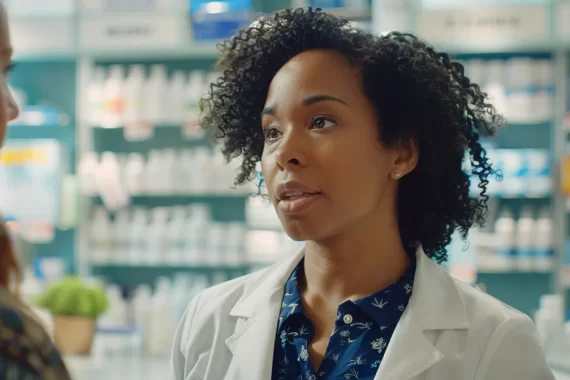 a woman consulting with a pharmacist about medication options.