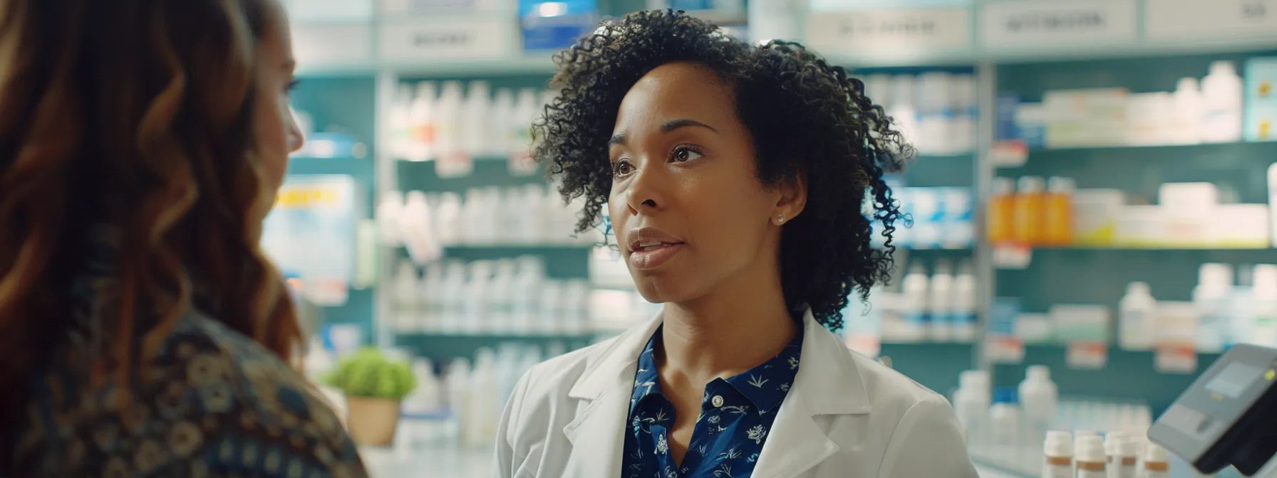 a woman consulting with a pharmacist about medication options.