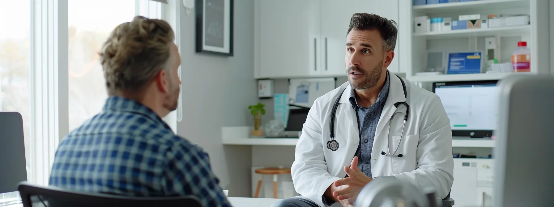 a doctor discussing treatment options with a patient in a medical office.