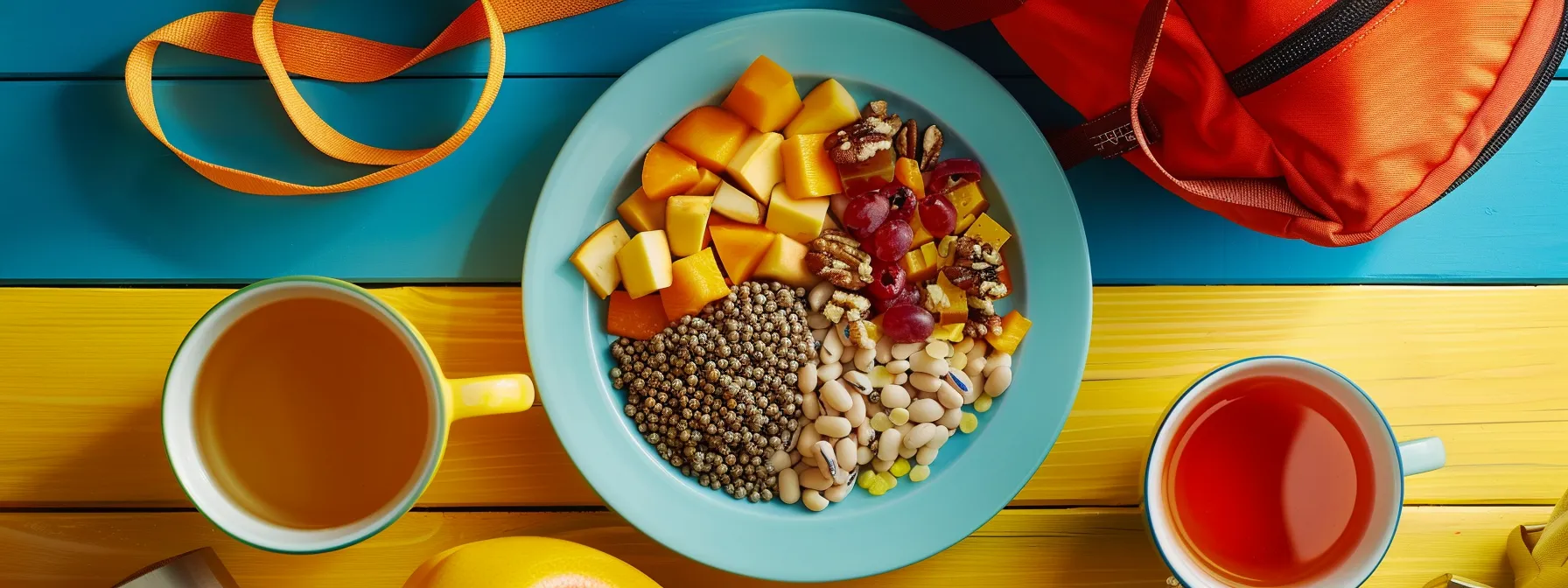 a colorful plate filled with nutritious foods, a gym bag with exercise gear, and a relaxing cup of tea to represent balanced diet and lifestyle management for maximum weight loss.