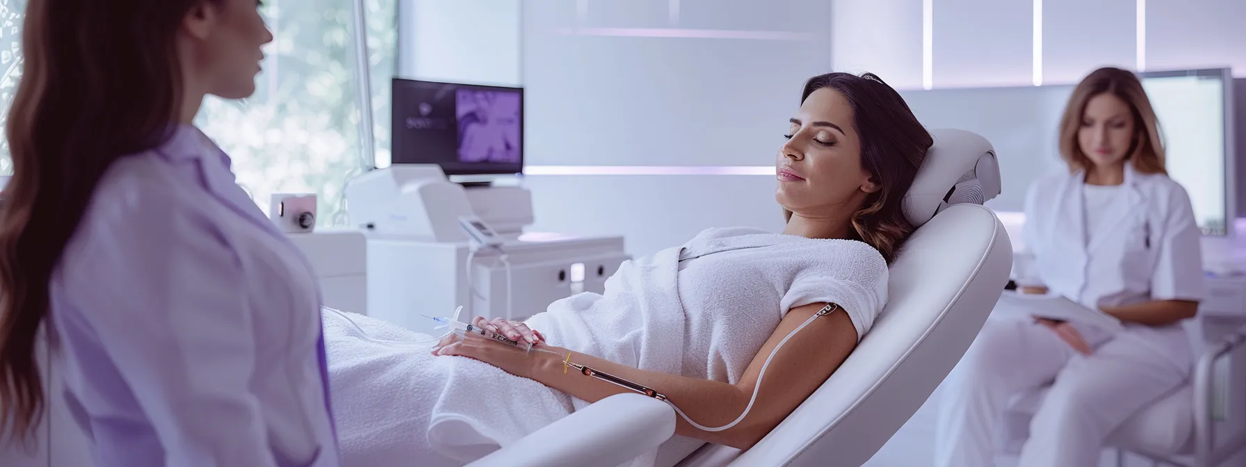 a woman receiving a lipo b injection in a modern medical office, surrounded by a comforting and calming atmosphere.