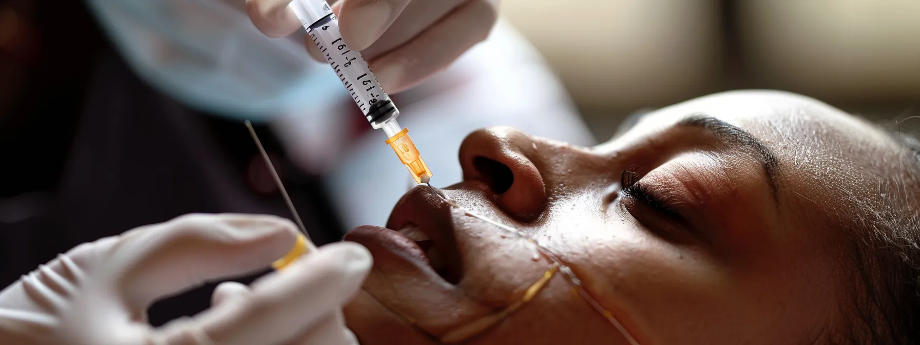 a person receiving an hcg injection with a focused and determined expression on their face.