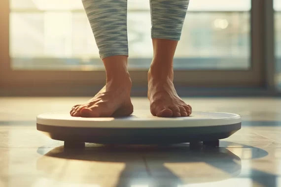 a person stepping on a scale with a determined expression on their face.