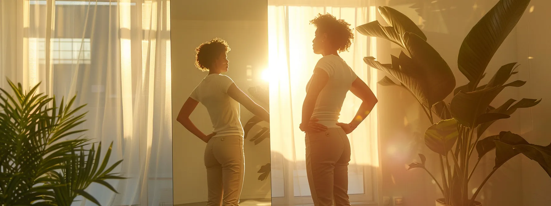 a person with a confident posture standing in front of a mirror, ready to start their weight loss journey with phentermine.