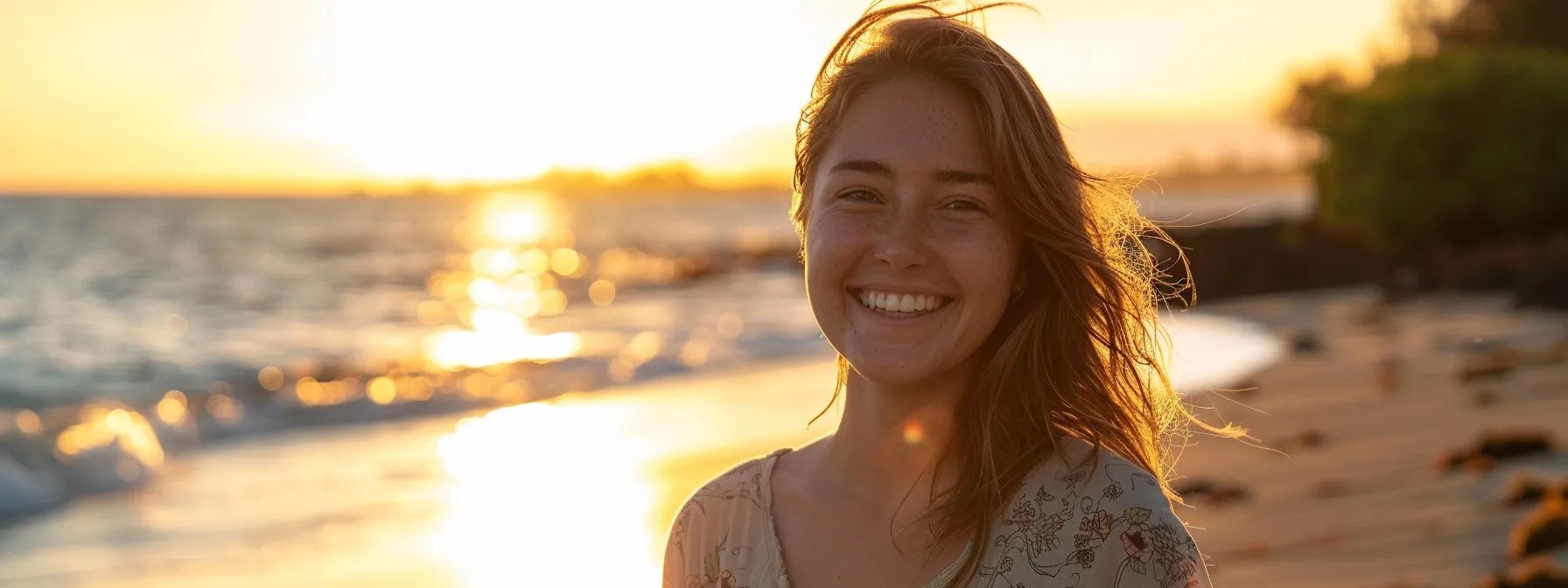 a person smiling confidently on a beach, looking healthy and vibrant after successfully losing weight with phentermine.