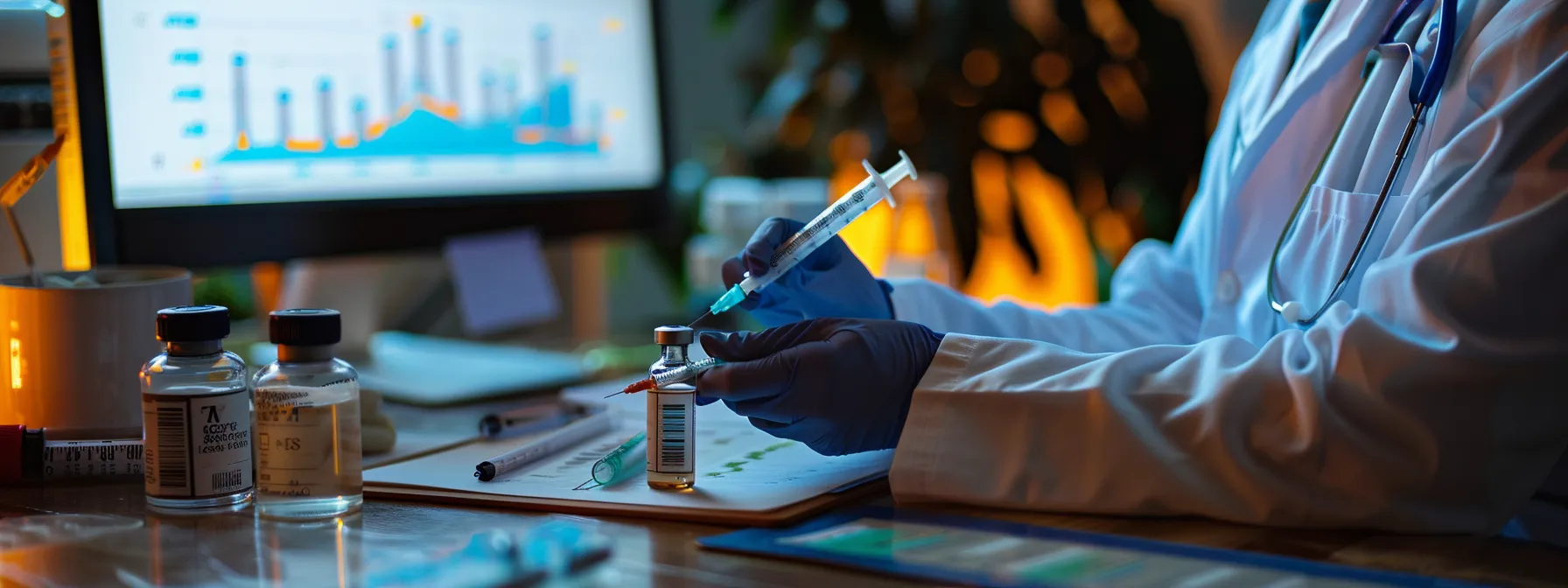 a medical professional carefully preparing a syringe of lipo b injection next to a vial of hcg, with a chart displaying weight loss progress in the background.