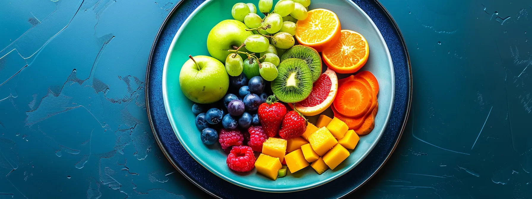 a vibrant, colorful plate of fresh fruits and vegetables, symbolizing healthy habits and long-term weight management post-hcg diet and lipo b treatments.