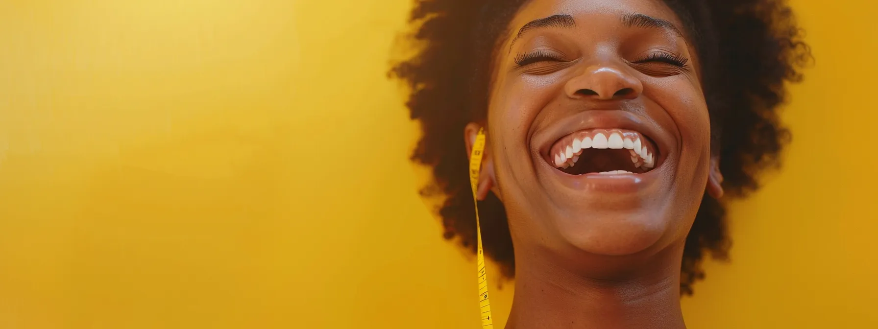 a person celebrating their weight loss success with a smile and a measuring tape.