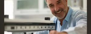 a middle-aged man smiling while stepping on a scale in a doctor's office.