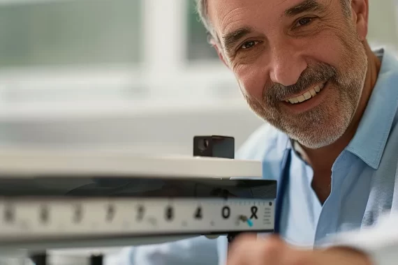 a middle-aged man smiling while stepping on a scale in a doctor's office.