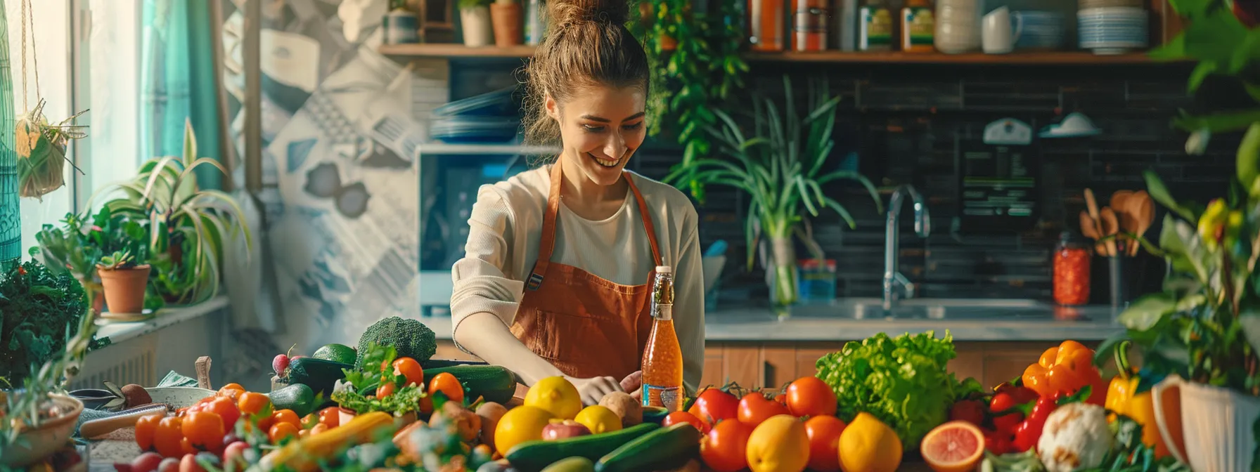 a smiling woman preparing a healthy meal, surrounded by colorful fruits and vegetables, with a bottle of ozempic on the table.