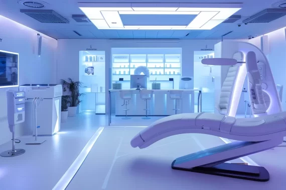 a futuristic, sleek weight loss clinic with state-of-the-art equipment and glowing led screens displaying personalized diet and exercise plans.