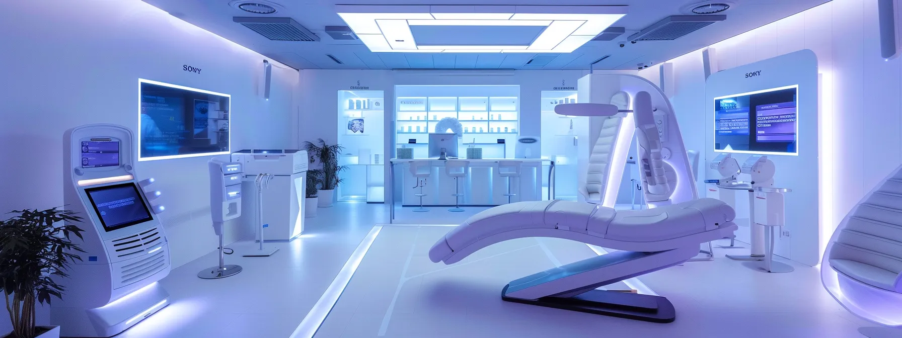 a futuristic, sleek weight loss clinic with state-of-the-art equipment and glowing led screens displaying personalized diet and exercise plans.