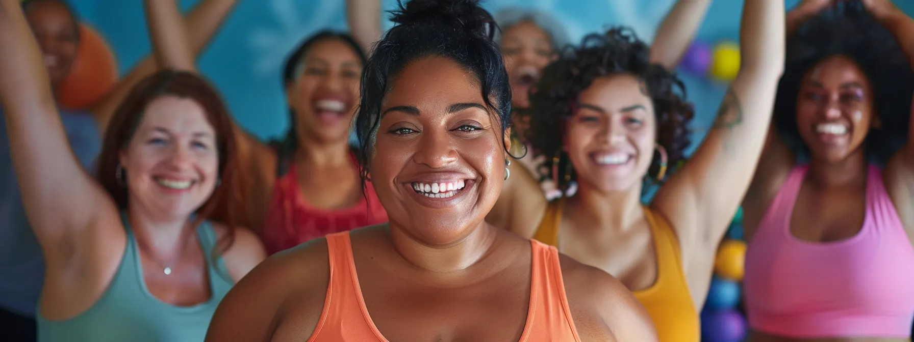 a group of diverse individuals smiling and celebrating their weight loss success together.