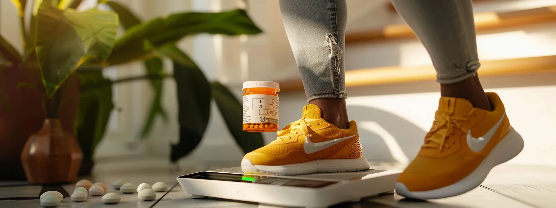 a person holding a pill bottle and smiling as they step on a scale showing weight loss progress.