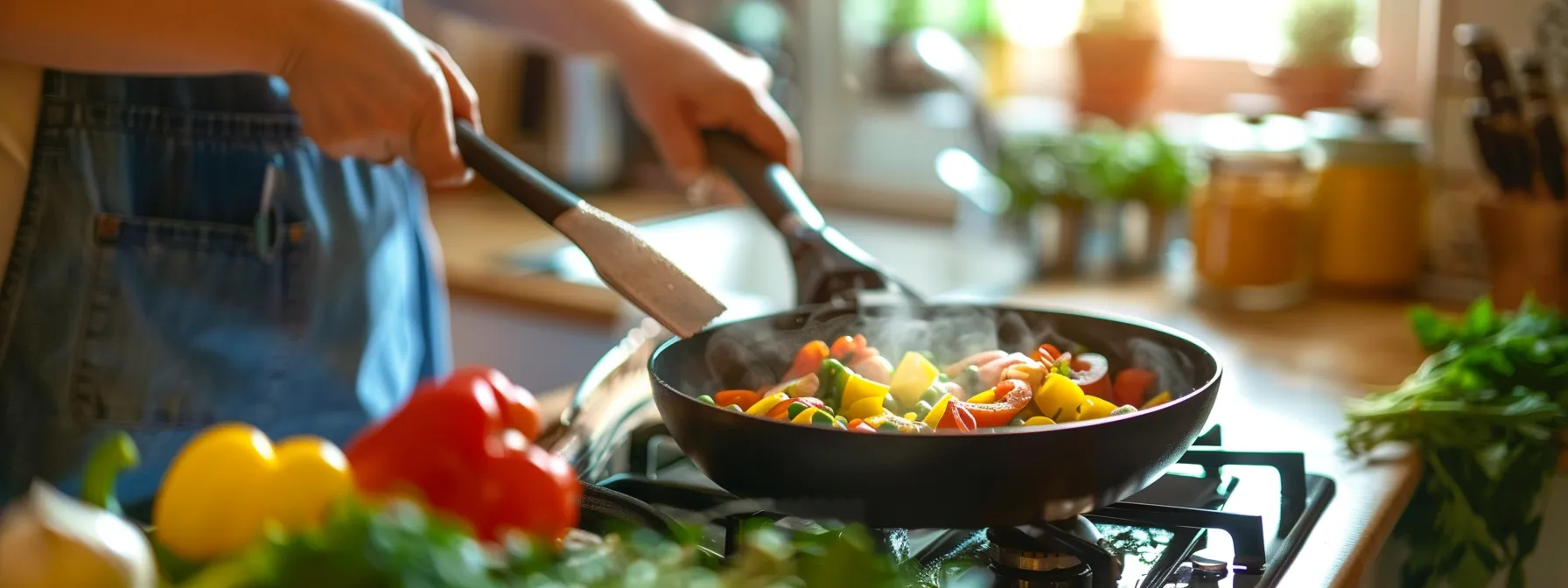 a person cooking a healthy meal in a well-stocked kitchen.