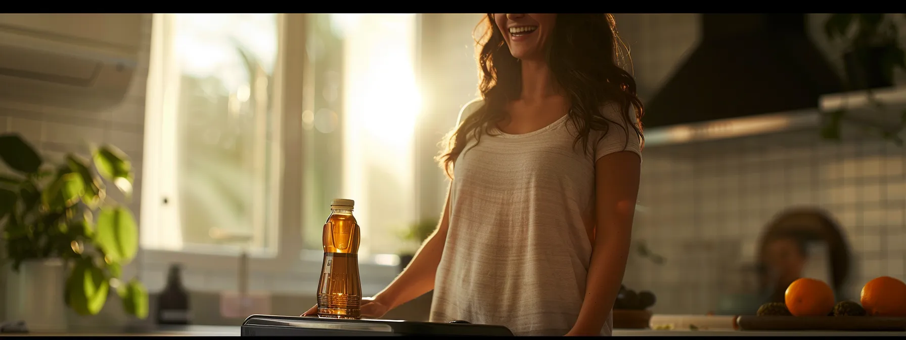 a woman standing on a scale, smiling confidently as she sees her reduced weight, with a bottle of ozempic in the background.