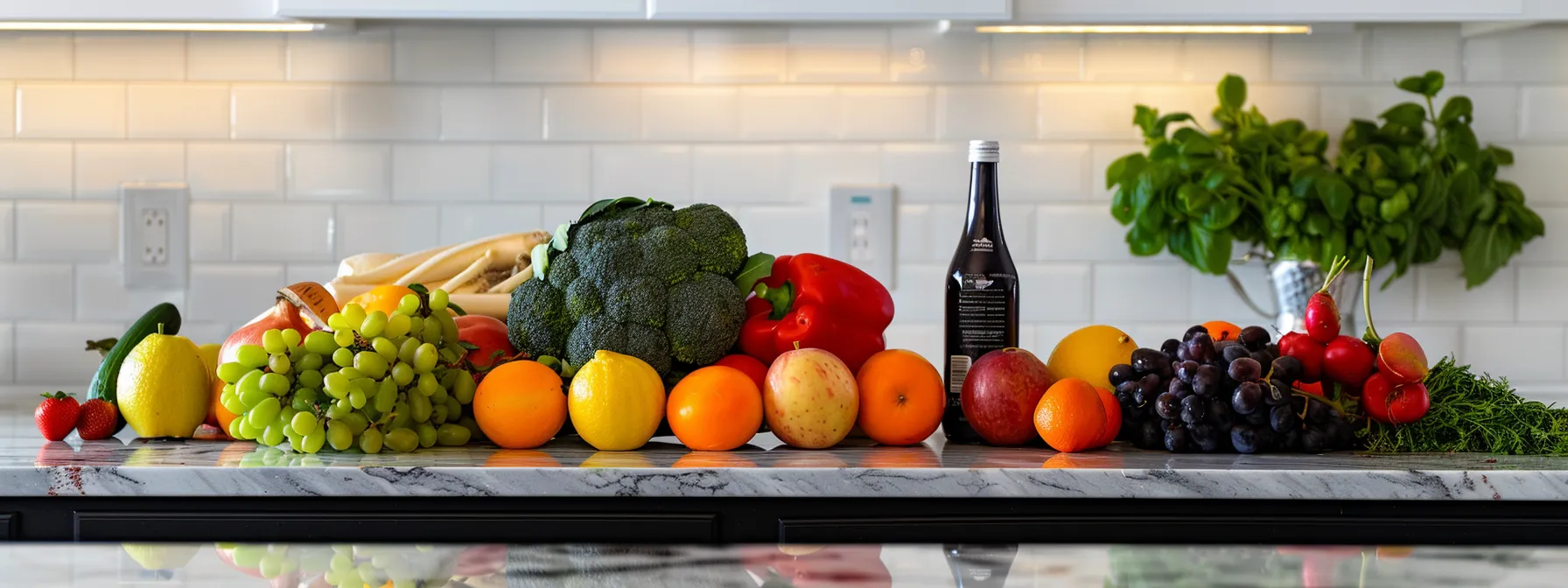 a serene kitchen counter showcasing a variety of colorful, fresh fruits and vegetables, complementing a prescription bottle of ozempic and a fitness tracker.