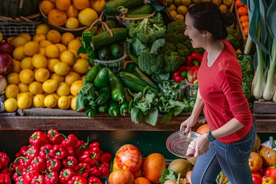 a determined woman joyfully stepping on a scale, surrounded by a vibrant display of fresh fruits and vegetables.