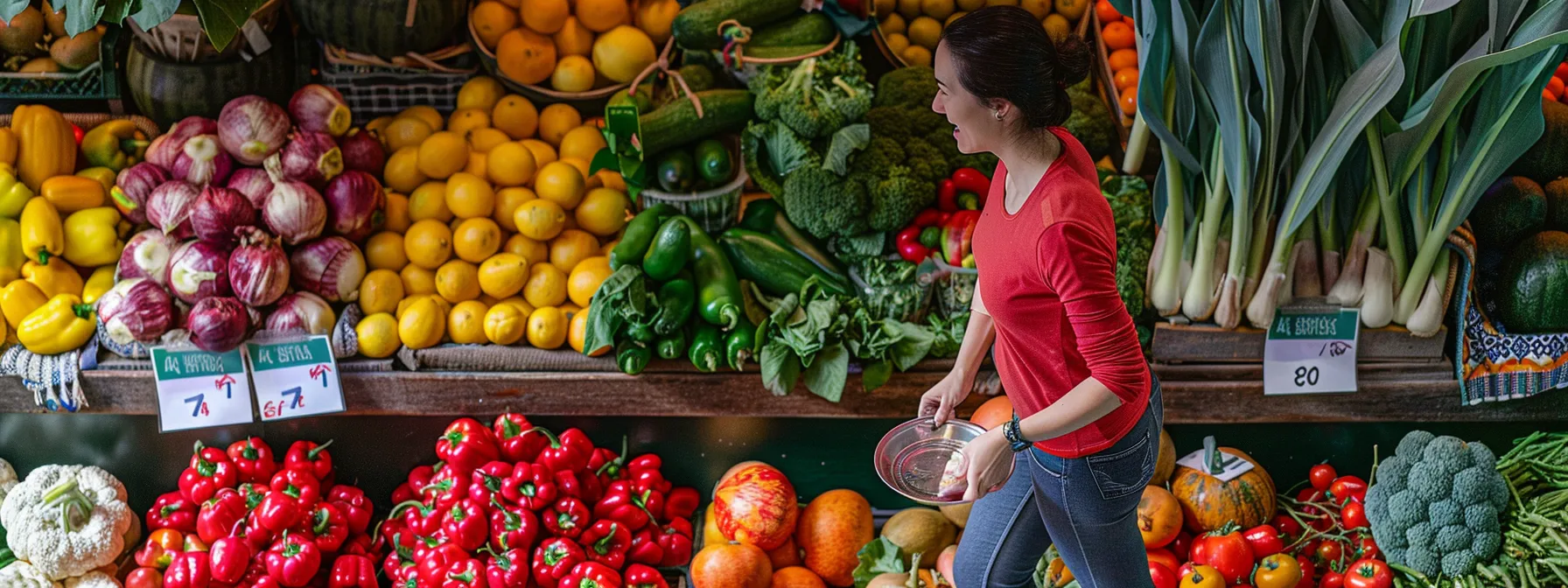 a determined woman joyfully stepping on a scale, surrounded by a vibrant display of fresh fruits and vegetables.