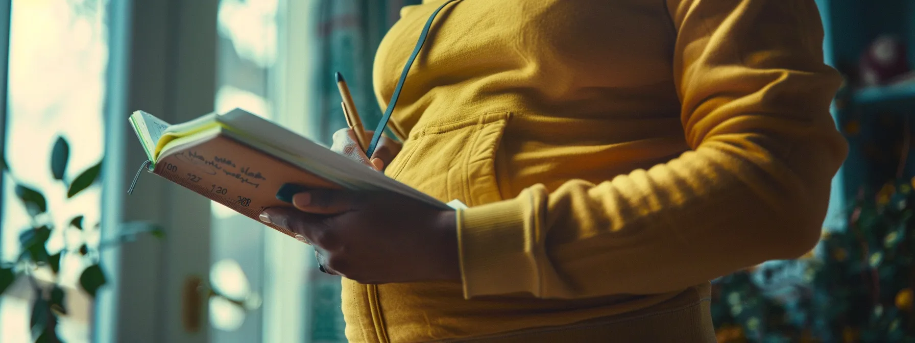 a person measuring their waist and taking notes on a weight loss journal while looking determined and focused.