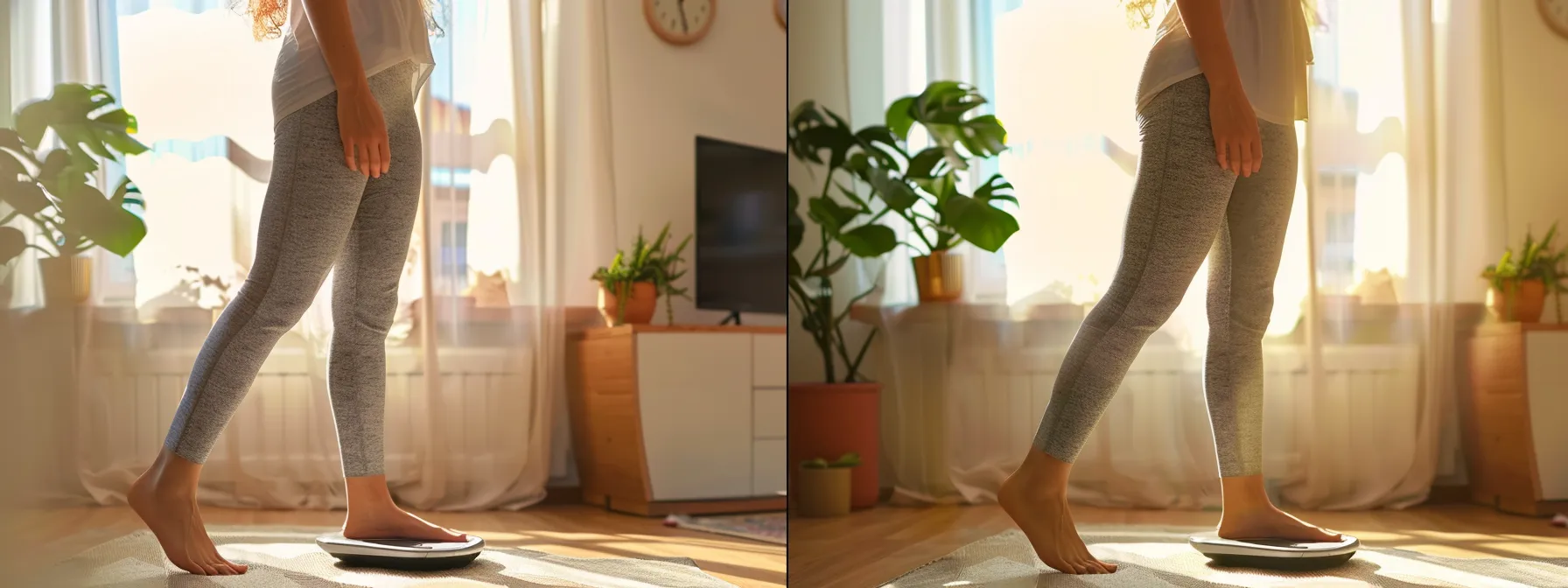 a woman happily stepping on a scale, showing a significant weight loss progress thanks to phentermine.