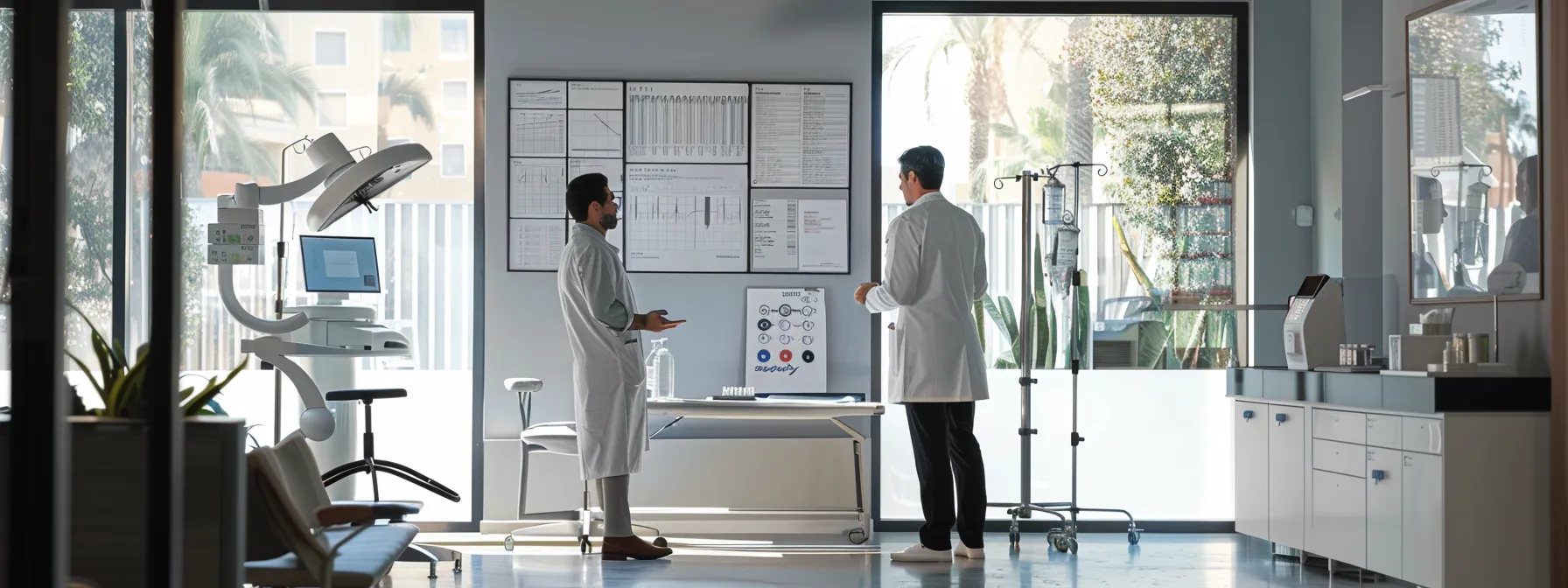 a doctor and patient discussing weight loss goals with charts and medical equipment in the background at a modern clinic.