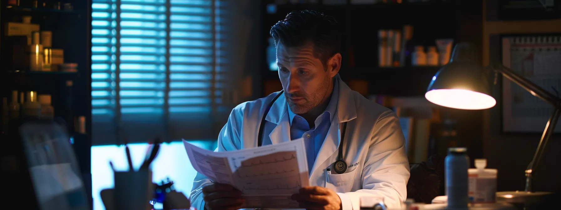 a doctor carefully reviews a patient's medical history during a medical weight loss consultation, surrounded by charts and medication information.