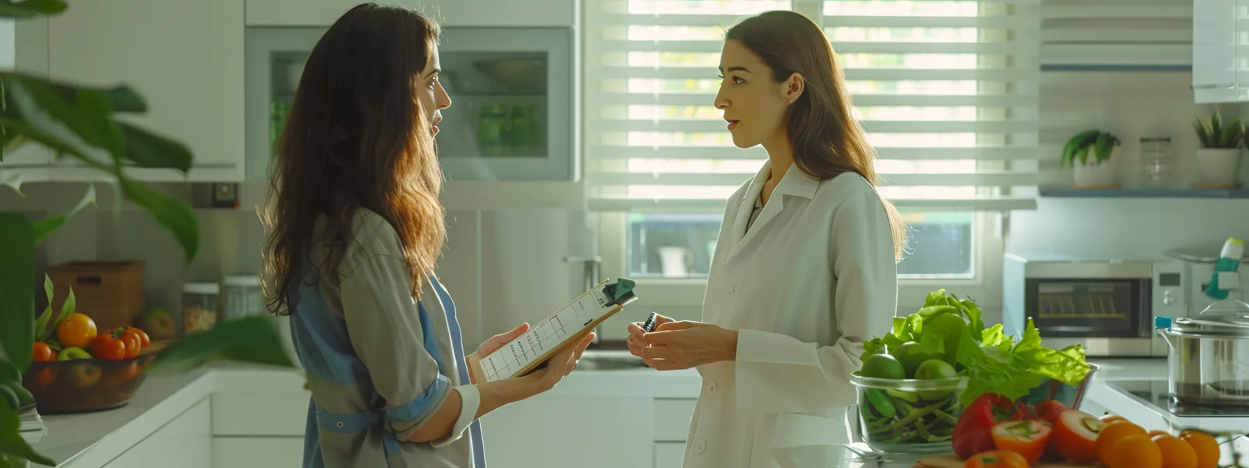 a professional nutritionist explaining a detailed medical weight loss plan to a patient in a bright, modern clinic setting.