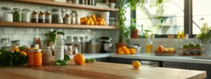 a serene clinic setting with a professional nutritionist guiding a client through a personalized weight loss plan, contrasted with a cluttered kitchen counter filled with various fad diet books and supplements.