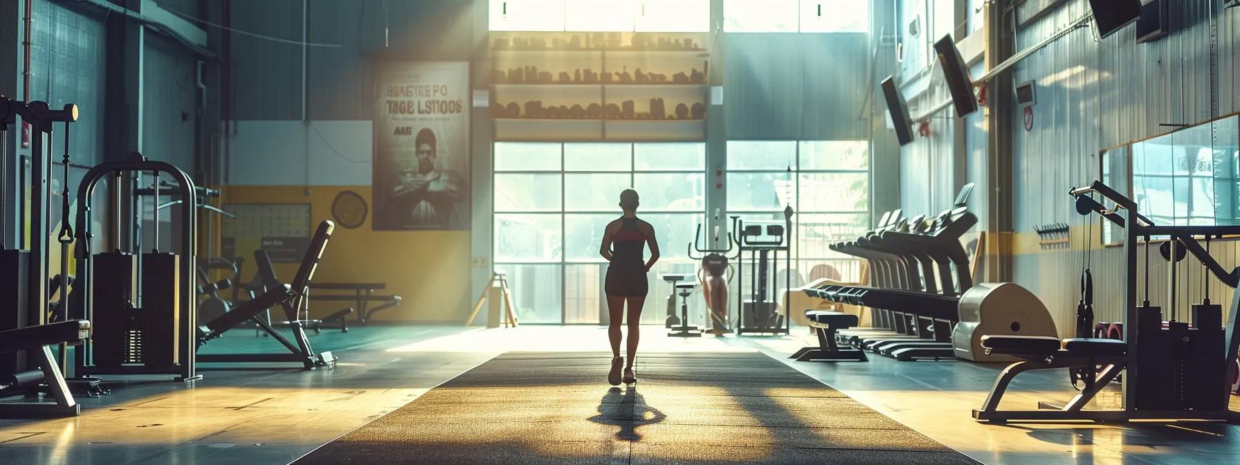 a determined individual standing in a bright, spacious gym surrounded by motivational posters, workout equipment, and a supportive trainer, ready to tackle weight loss challenges.