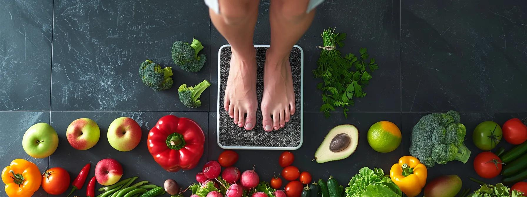 a person celebrating their weight loss achievement by stepping on a scale surrounded by healthy fruits and vegetables.