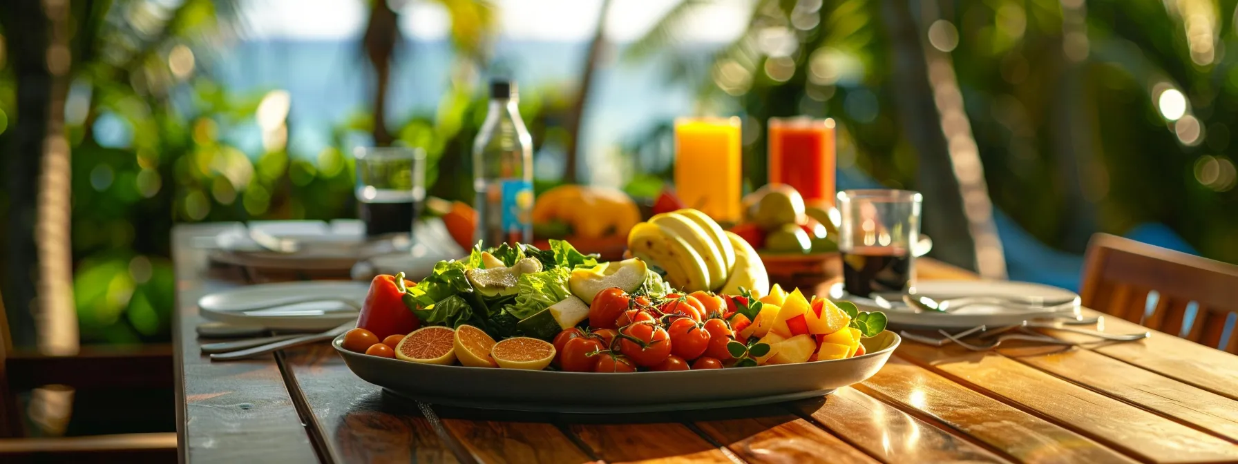 a person enjoying a colorful, nutritious meal surrounded by fresh fruits and vegetables, with a personalized workout plan displayed in the background at a medically supervised weight loss program.