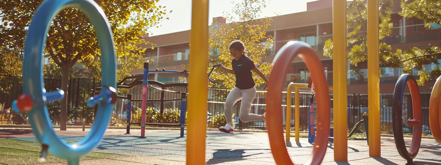 a person joyfully participates in a variety of physical activities outdoors, surrounded by colorful exercise equipment, while listening to a motivational podcast.