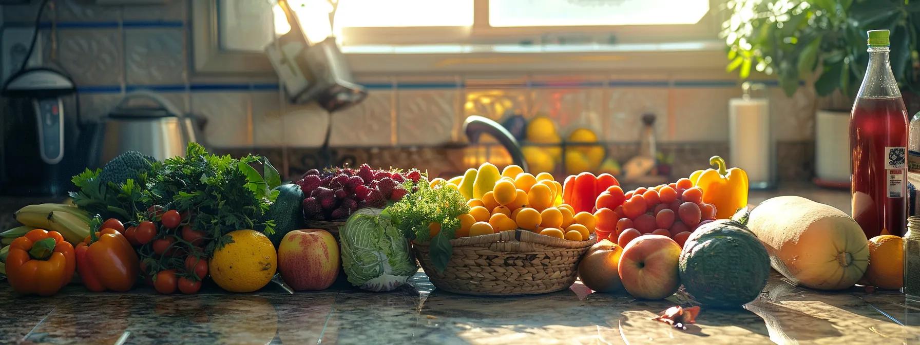 a vibrant array of nutrient-dense fruits and vegetables, whole grains, and clean drinking water displayed on a kitchen counter, promoting healthy eating habits for effective weight loss.