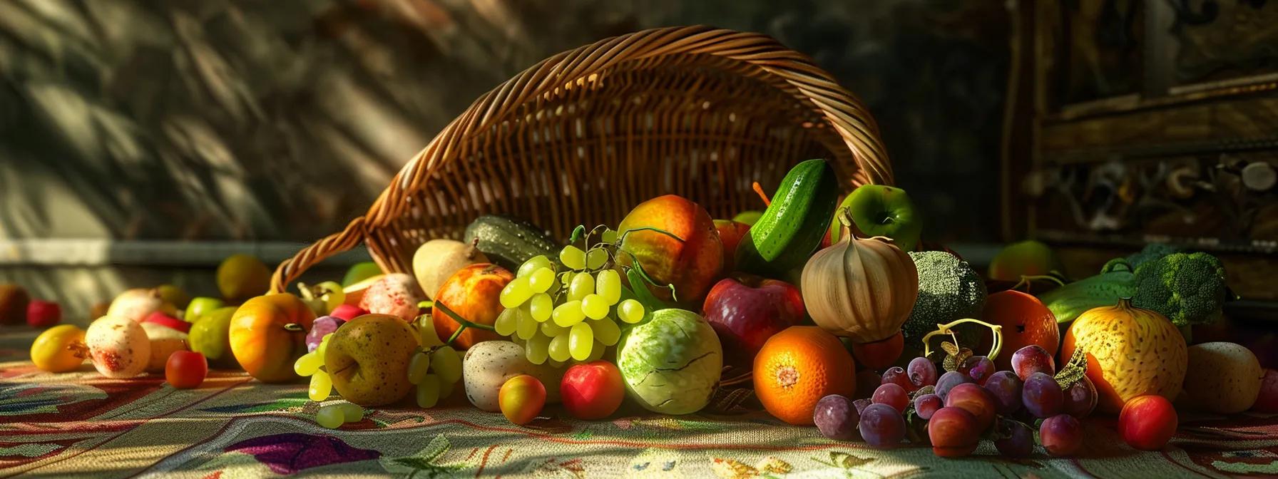 a colorful assortment of fresh fruits and vegetables spilling out of a vibrant wicker basket, symbolizing healthy eating habits and sustainable lifestyle changes promoted by soboba.