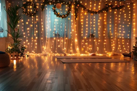 a serene yoga studio adorned with twinkling holiday lights, a perfect balance of wellness and festive cheer.