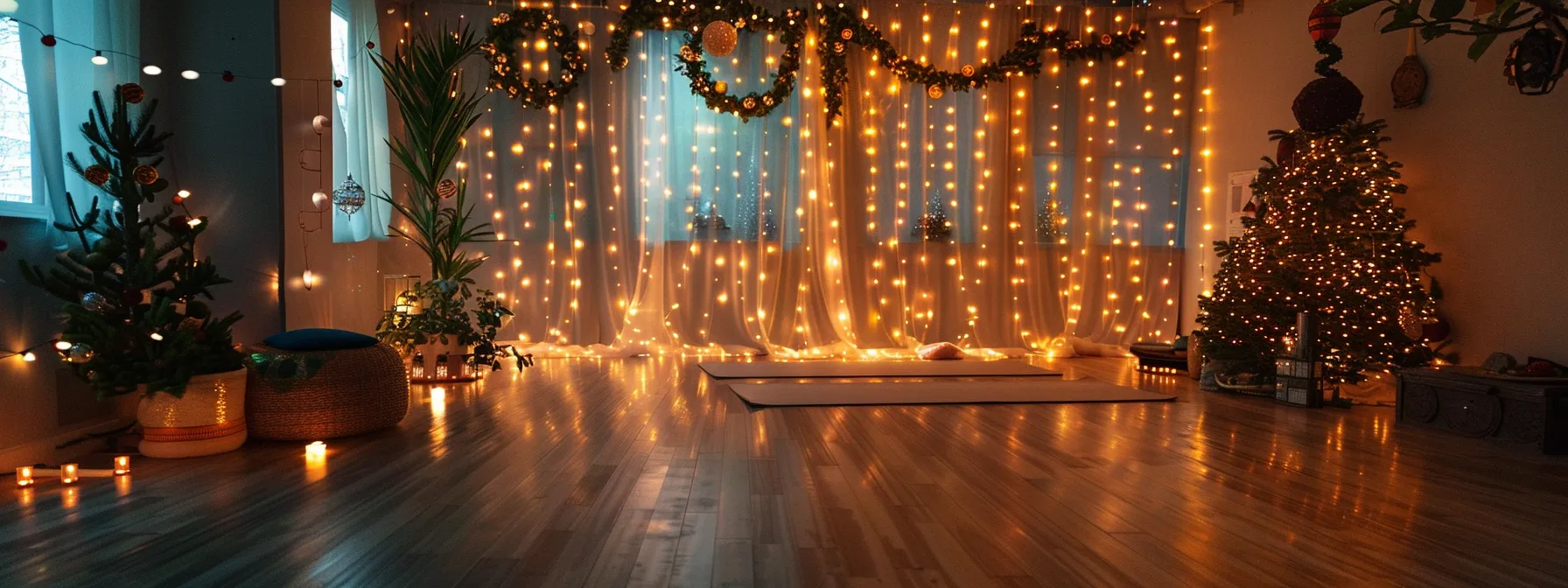 a serene yoga studio adorned with twinkling holiday lights, a perfect balance of wellness and festive cheer.