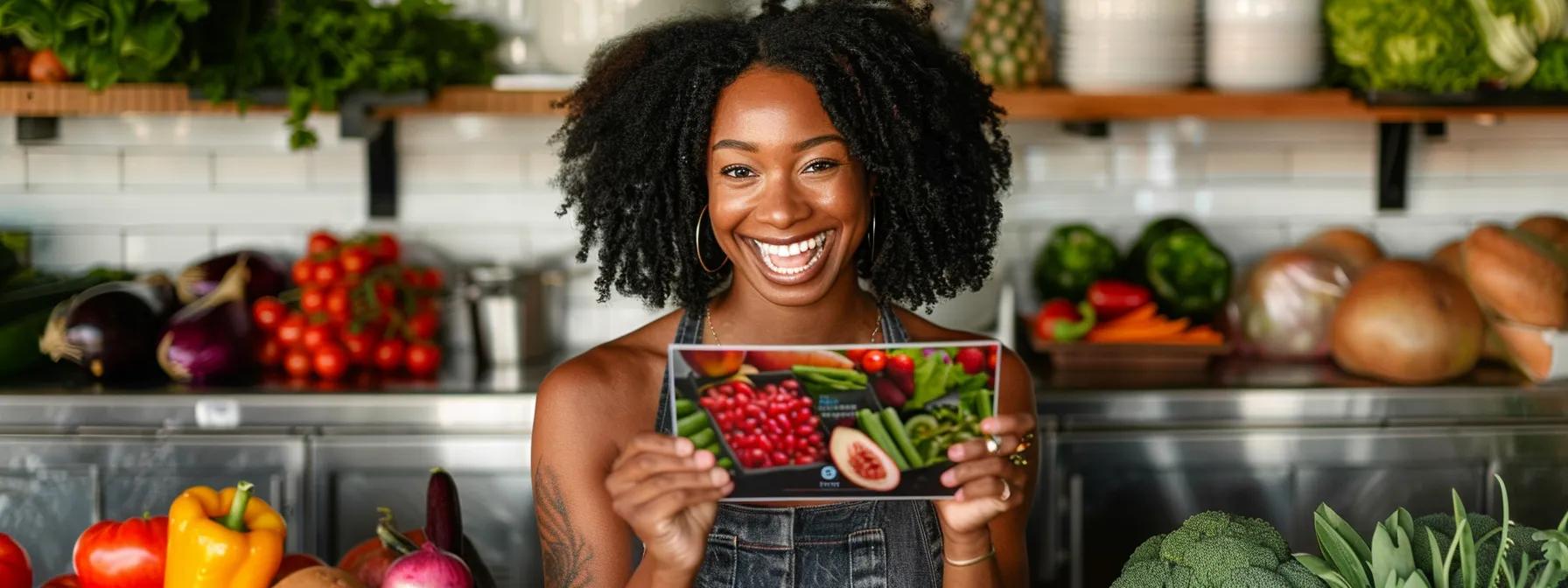 a woman with a beaming smile holds up a custom meal plan at soboba, surrounded by colorful fruits and vegetables.