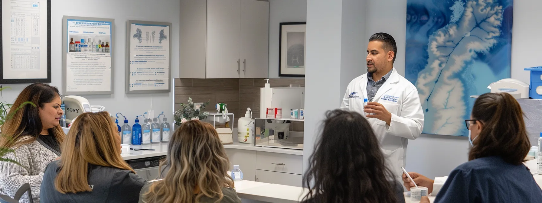 a diverse group of patients in a modern medical clinic, discussing their weight loss progress while a doctor holds a vial of ozempic, highlighting its role in their treatment.