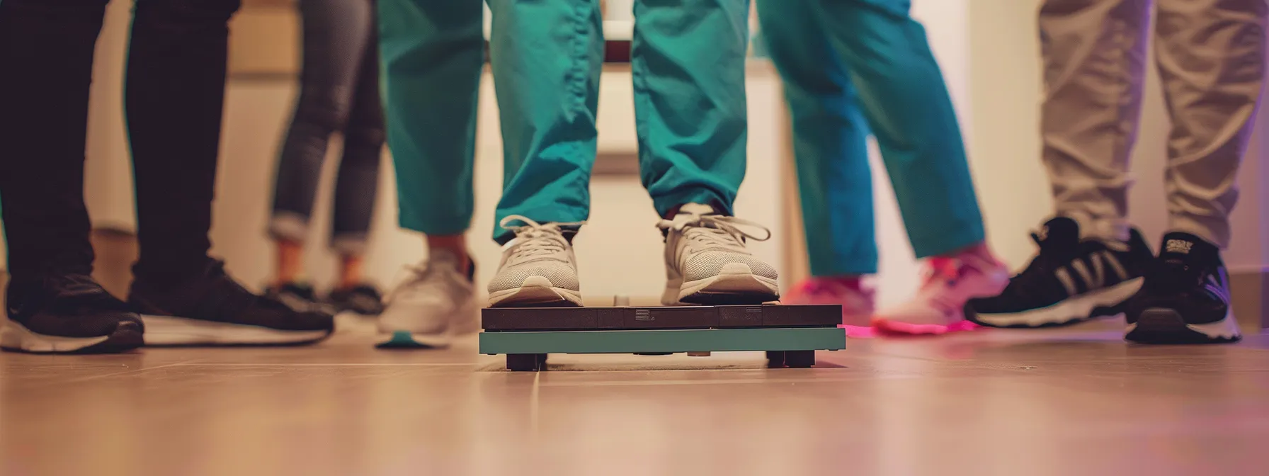 a person stepping on a scale with a supportive medical team standing by, ready to guide them on their weight loss journey.