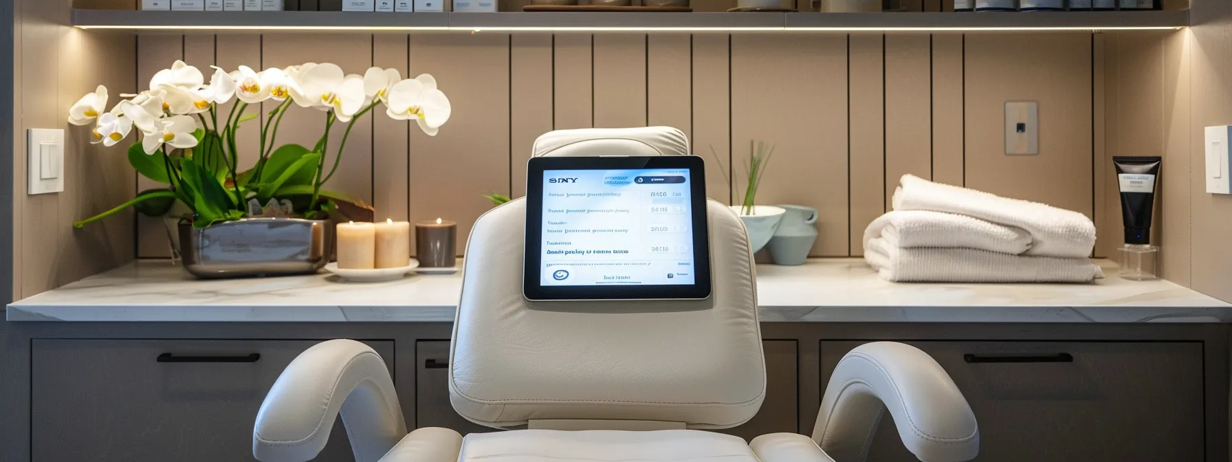 a serene medical spa room with a personalized nutrition plan on a sleek digital tablet, alongside metabolism-boosting treatments and weight management strategies neatly organized on a modern desk.