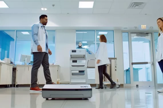 a smiling individual stepping on a scale surrounded by supportive medical professionals in a bright, modern clinic setting.